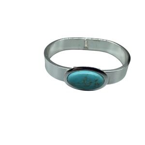 Silver Tone Turquoise Stone Hinged Cuff Bangle Bracelet Southwestern Style Oval